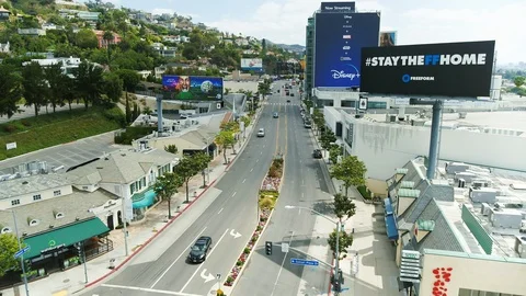 Aerial of nearly empty Sunset Boulevard during corona quarantine, USA 2020 Stock Footage 135357005
