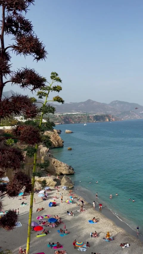 Aerial Nerja sandy beach view, Spain mountains and beach Stock Footage 276333067