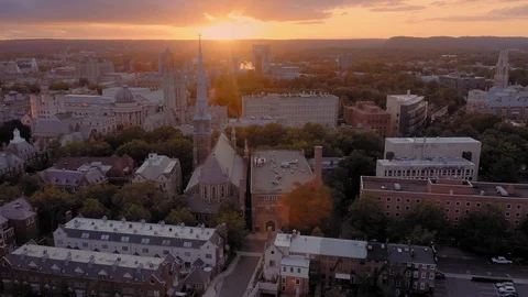 Aerial: New Haven & Yale University at sunset, Connecticut, USA Stock Footage