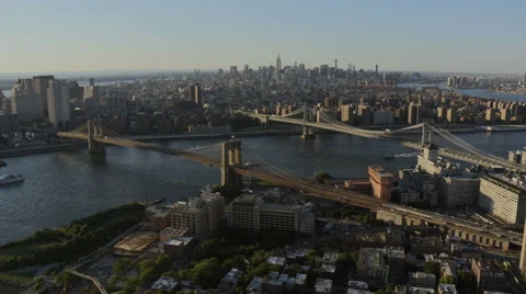 Aerial New York Brooklyn Bridge Manhattan East River Hudson River Stock Footage