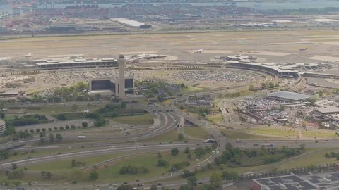 AERIAL: Newark airport with container terminal port &amp; NYC skyline in background Stock Footage 74721610