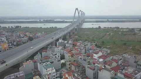 Aerial Nhat Tan bridge with traffic,Hanoi,Vietnam Stock Footage
