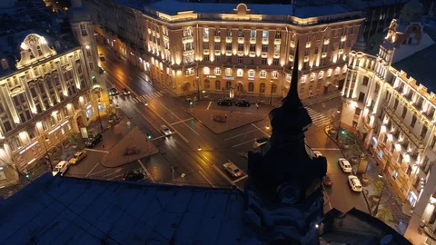 Aerial night Austrian square St. Petersburg cityscape Crossroads road traffic Stock Footage 129036600