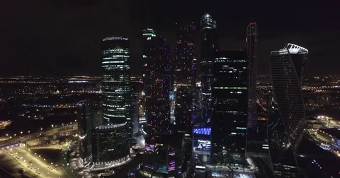 Aerial night business building Moscow city Stock Footage