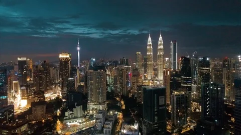 Aerial night cityscape view durning sunset in Kuala Lumpur, MALAYSIA. Stock Footage