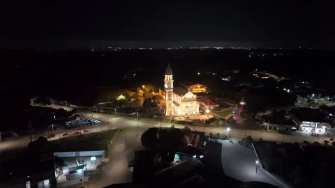 Aerial Night Drone Orbit Over Church and Urban Area Vídeos de archivo 332155692