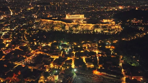Aerial night drone view of the Acropolis and the city of Athens Stock Footage 345412440