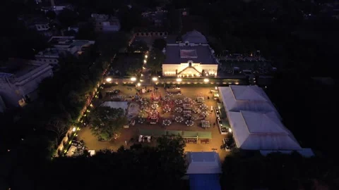 Aerial night drone view of a Big Fat Indian Wedding Venue Decoration in India Видео 328814656