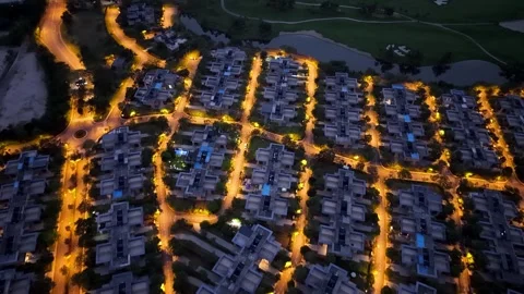 Aerial Night Drone View Over Forest City Golf Resort Villas Stock Footage 332596615
