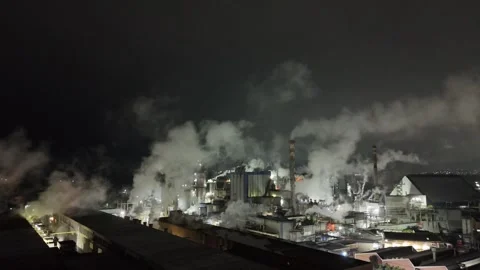 Aerial night drone view of pulp and paper plant Stock Footage 309244848