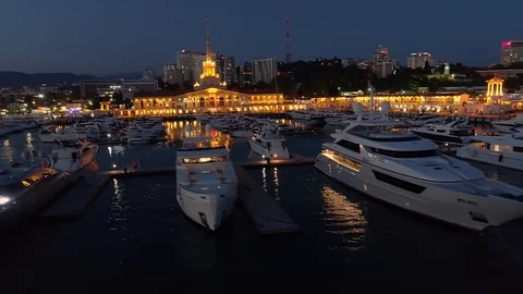 Aerial night epic cityscape Sochi marine station resort City center Illumination Stock Footage 122018755