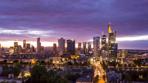 AERIAL: Night Hyper Lapse, Motion Time Lapse of Frankfurt am Main Germany Stock Footage