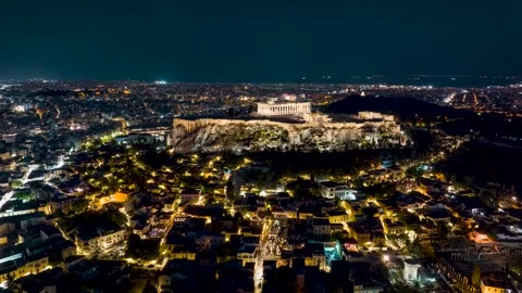 Aerial night hyper time lapse view of the skyline and Acropolis of Athens Video stock 263659168