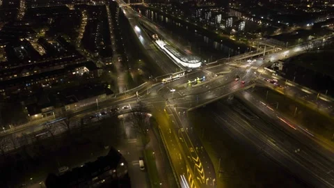 Aerial night hyperlapse of a infrastructure intersection of traffic, cars, road Stock Footage 168231683
