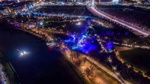 Aerial night hyperlapse of Melbourne during White Night festival, Australia Stock Footage 115360609