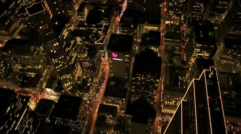 Aerial night illuminated vertical view of city skyscrapers, San Francisco, USA Stock Footage