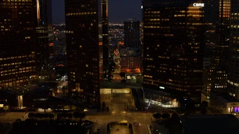 Aerial night shot of downtown LA skyscrapers during corona quarantine, USA 2020 Stock Footage