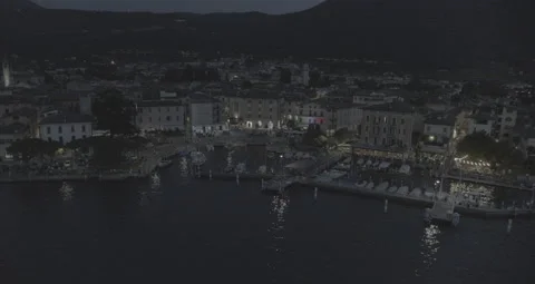 Aerial Night Shot of the Port of Iseo 6k D-log Stock Footage