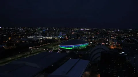 Aerial Night time Drone Video of SEC Glasgow - COP26 Stock Footage