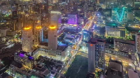 Aerial Night Timelapse of Ratchaprasong Intersection, Bangkok with Heavy Traffic Stock-Footage 325658710