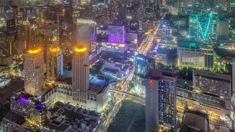 Aerial Night Timelapse of Ratchaprasong Intersection, Bangkok with Heavy Traffic Video stock 325658761