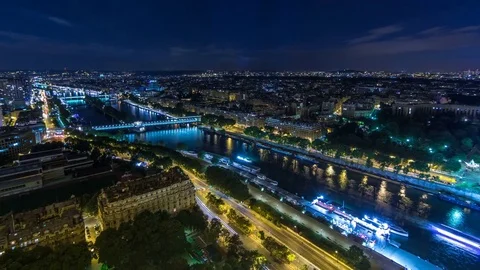 Aerial Night timelapse view of Paris City and Seine river shot on the top of Stock Footage 80685635