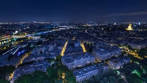Aerial Night timelapse view of Paris City and Seine river shot on the top of Stock Footage 80686113