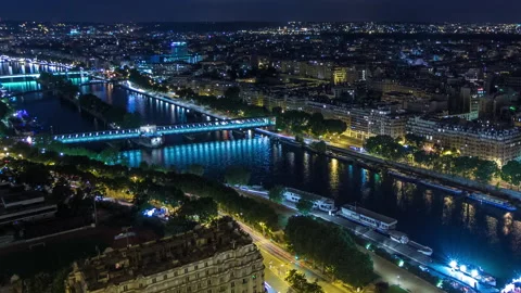 Aerial night timelapse view of Paris City and Seine river shot on the top of Stock Footage 236917217