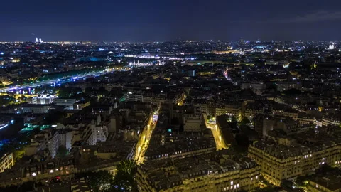 Aerial night timelapse view of Paris City and Seine river shot on the top of Stock Footage 236917381