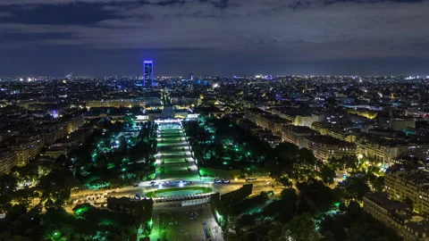 Aerial Night timelapse view of Paris City and Field of Mars shot on the top of Stock Footage 236917431