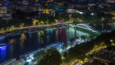 Aerial night timelapse view of Paris City and Seine river shot on the top of Stock Footage 236917893