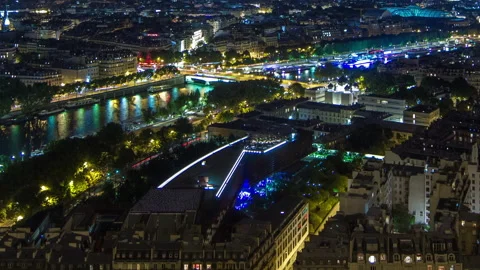 Aerial night timelapse view of Paris City and Seine river shot on the top of Stock Footage 236918057