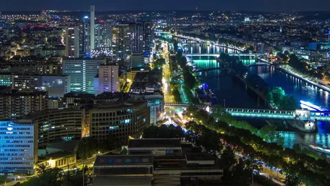 Aerial night timelapse view of Paris City and Seine river shot on the top of Stock Footage 236918179