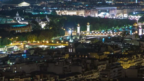 Aerial night timelapse view of Paris City and Seine river shot on the top of Stock Footage 236919926