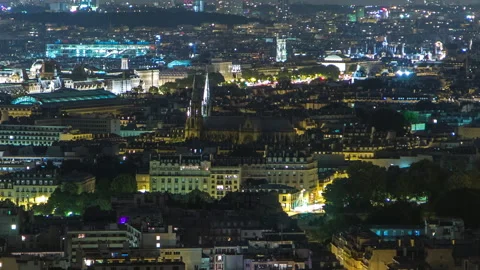 Aerial night timelapse view of Paris City and Seine river shot on the top of Stock Footage 236920037