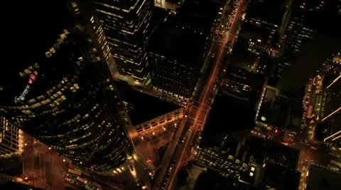 Aerial night vertical rooftop view of Skyscrapers, USA Stock Footage