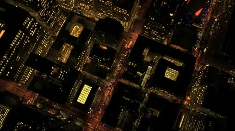 Aerial night vertical rooftop view of city skyscrapers, USA Stock Footage 10715949