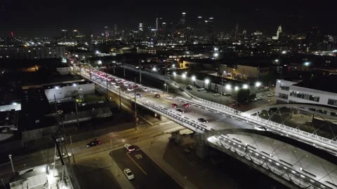 Aerial Night View of 6th St Viaduct Bridge Stock Footage 202472886
