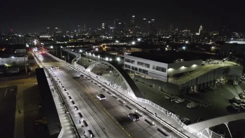 Aerial Night View of 6th St Viaduct Bridge Stock Footage 202476434