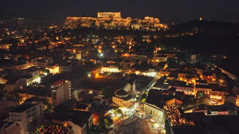Aerial night view of the Acropolis and Athens cityscape Stock Footage 345411036