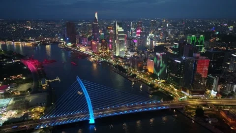 Aerial Night View of Ba Son Bridge and Ho Chi Minh City Skyline Stock Footage 340972977