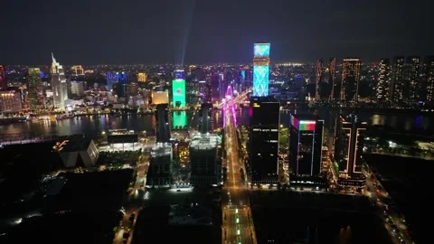 Aerial Night View of Ba Son Bridge and Saigon Skyline in Ho Chi Minh City Stock Footage 340973591