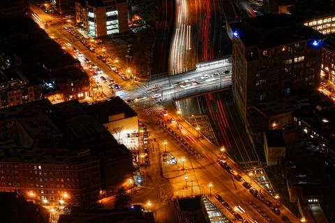 An aerial night view of Boston intersection, Massachusetts Stock Photos