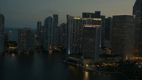 Aerial night view Brickell Key Miami River Florida Stock-Footage 80142947