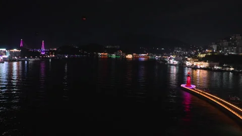 Aerial night view from cable car, Yeosu, South Korea Stock Footage 169830576
