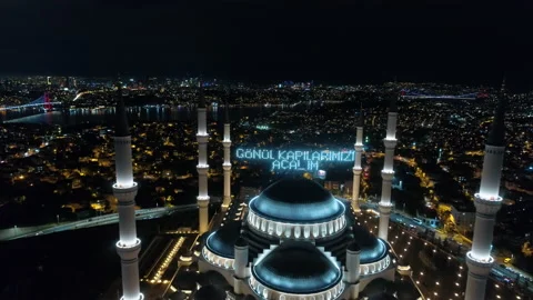 Aerial night view of Camlica Mosque in Istanbul. 4K Footage in Turkey Stock Footage 145240953