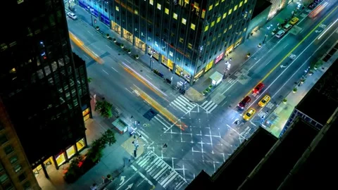 Aerial Night View of City Intersection, Urban Street Scene at Night Stock Footage 310650221