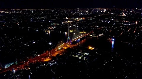 Aerial night view from the drone  on the bridge Rama VIII Stock Footage 78022112