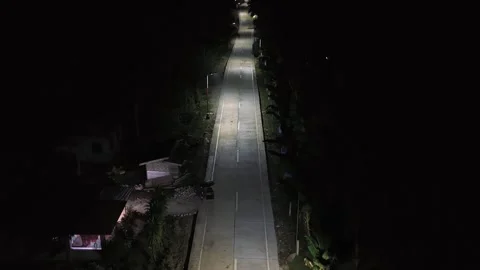 Aerial Night View of an Empty Concrete Road with Street Lights Stock Footage 326092512