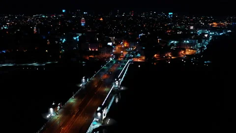 Aerial night view of Empty Galata Bridge without people. 4K Footage in Turkey 動画素材 136777006